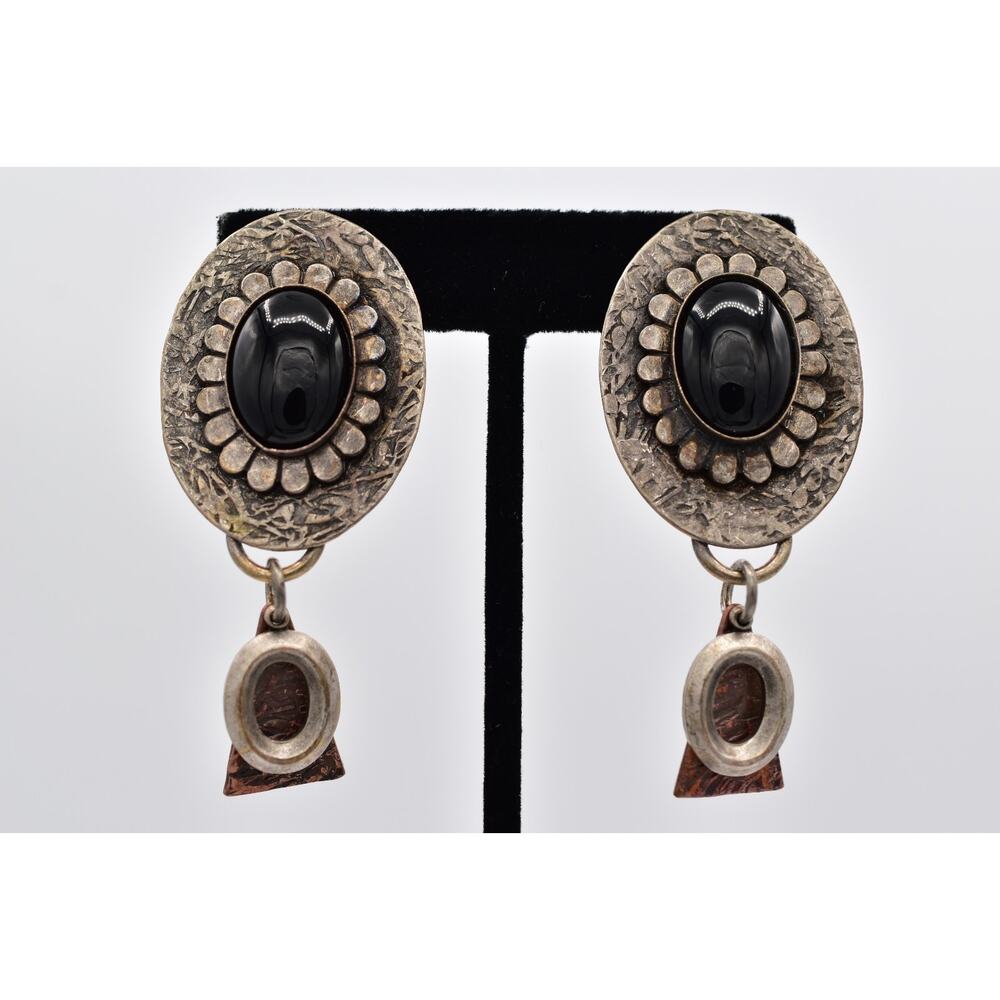Vintage Cabochon Clip On Earrings Black Silver Copper Tone Metal Chunky 80s.BinX